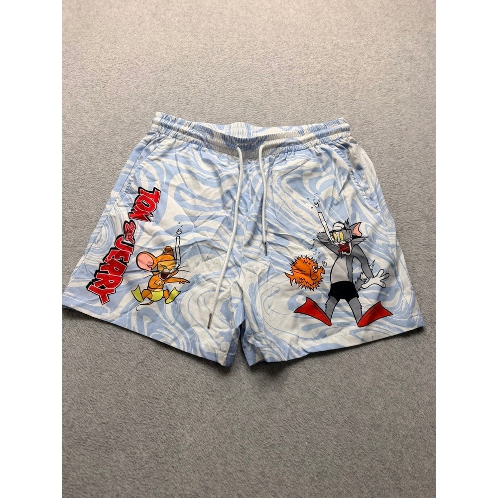 Tom and Jerry Mens Graphic Swim Trunks Blue Marble Swirl Shorts Size Medium